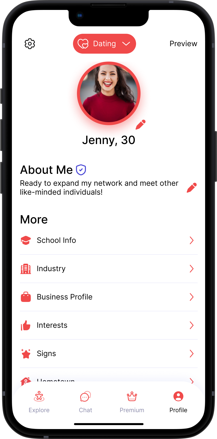 User profile screen with mode-specific fields and primary-mode indicator