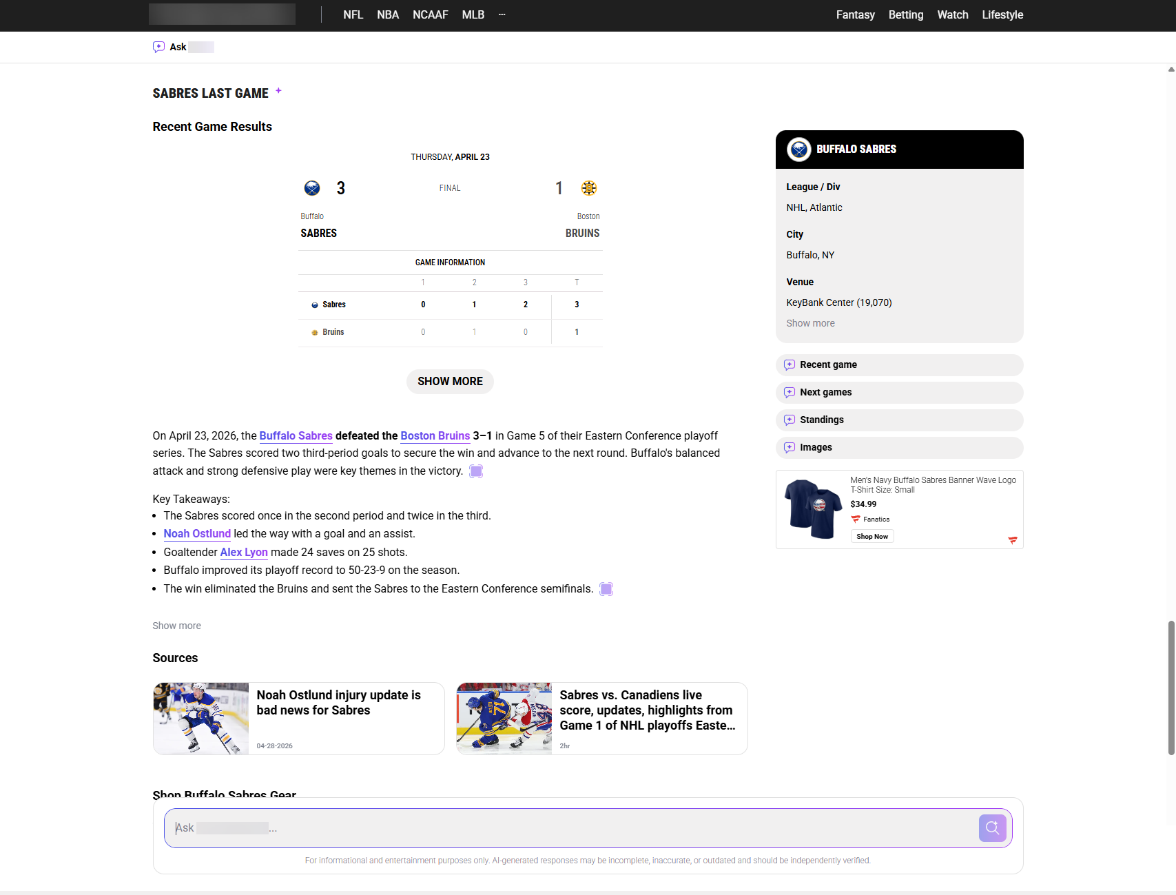 Box score template showing Sabres vs Bruins game result with period-by-period breakdown