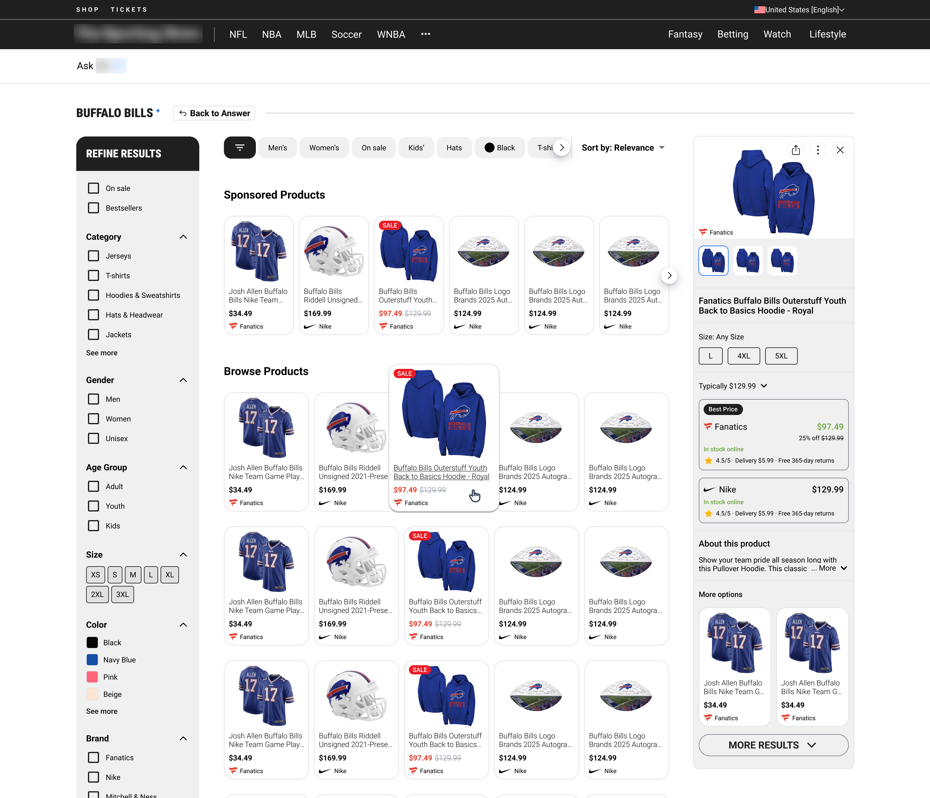 Shopping experience for a Buffalo Bills query, with product detail panel showing multi-vendor pricing