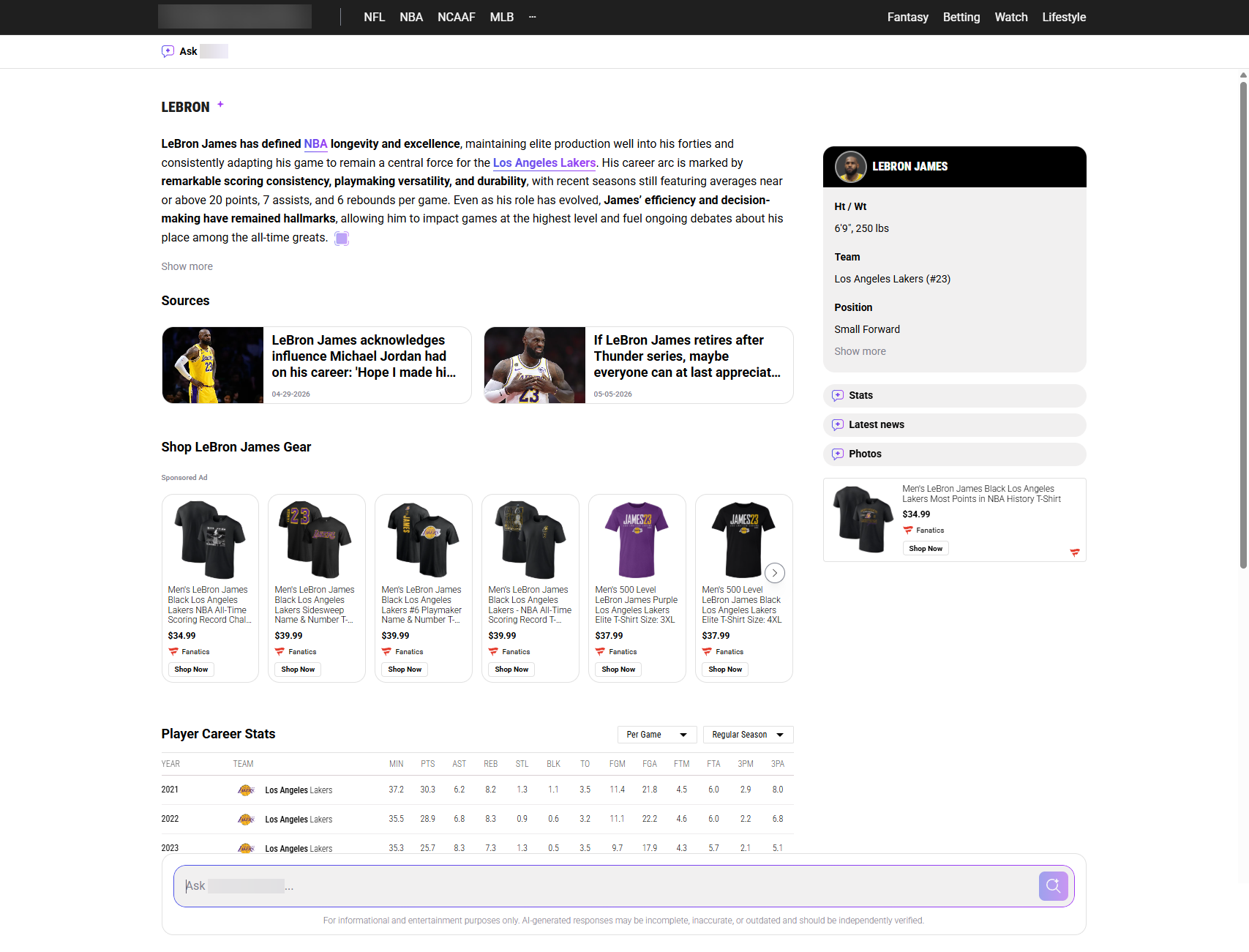Editorial response page for a LeBron query with article, sources carousel, career stats table, and player card