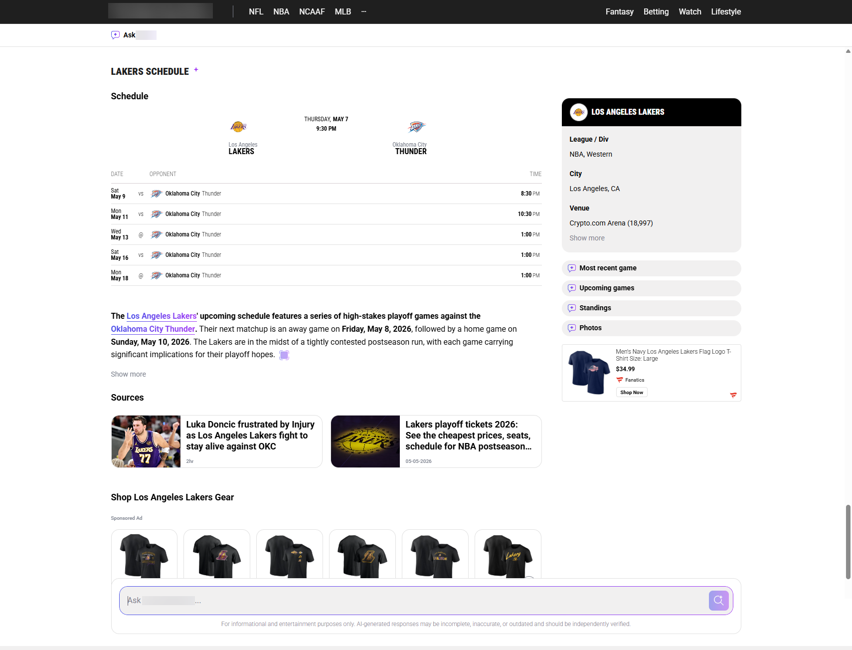 Schedule template showing Los Angeles Lakers schedule with featured upcoming game against Oklahoma City Thunder