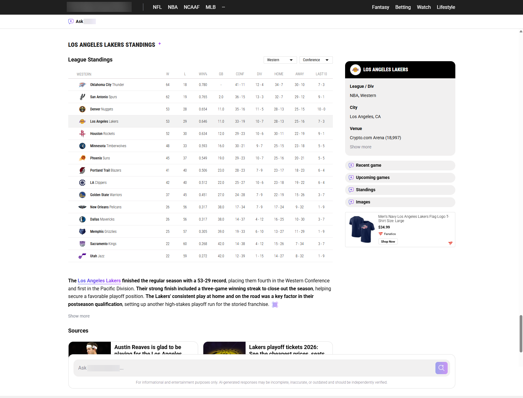 Standings template showing NBA Western Conference standings with Lakers row highlighted