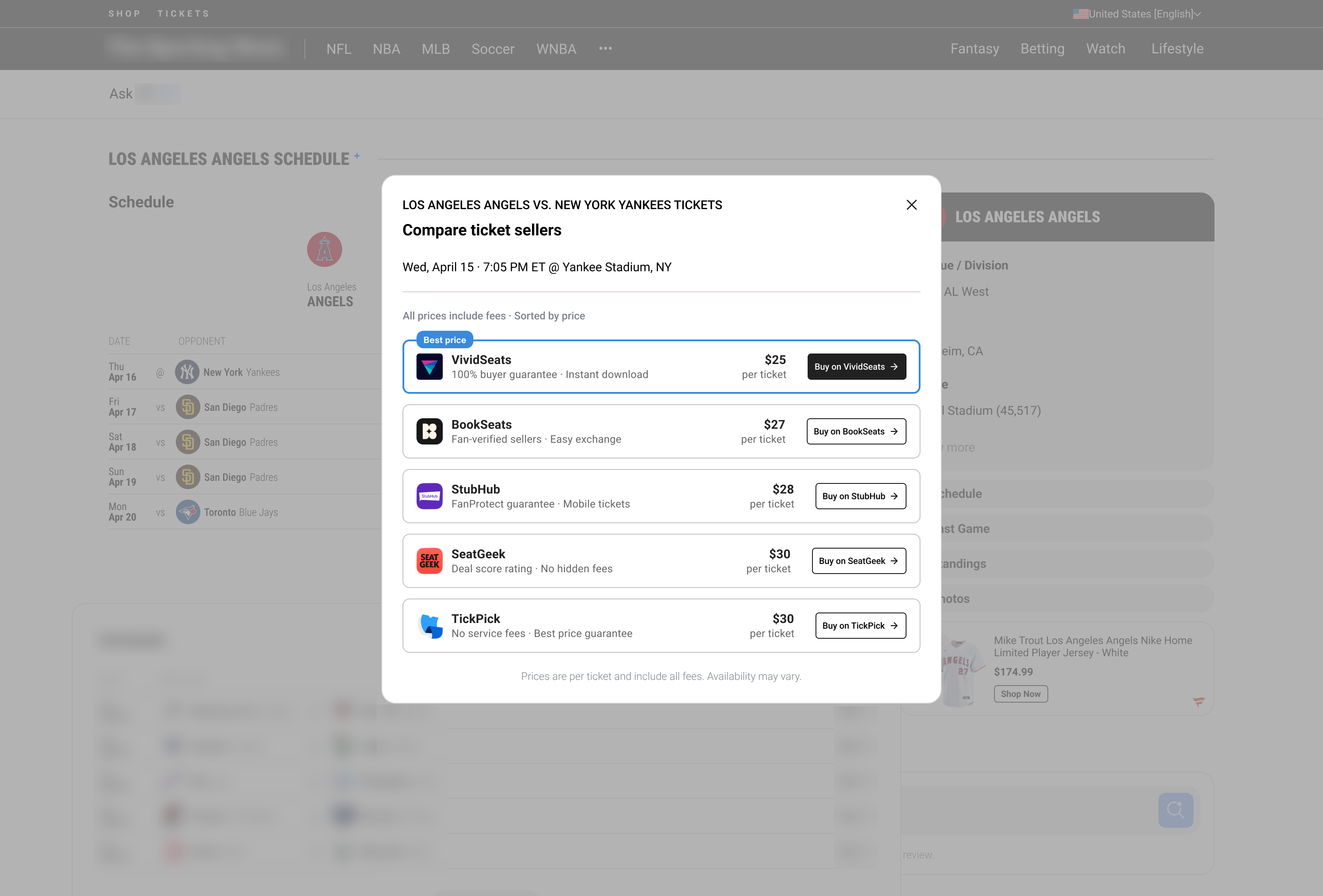 Multi-vendor ticket comparison modal showing prices across VividSeats, StubHub, SeatGeek, and TickPick