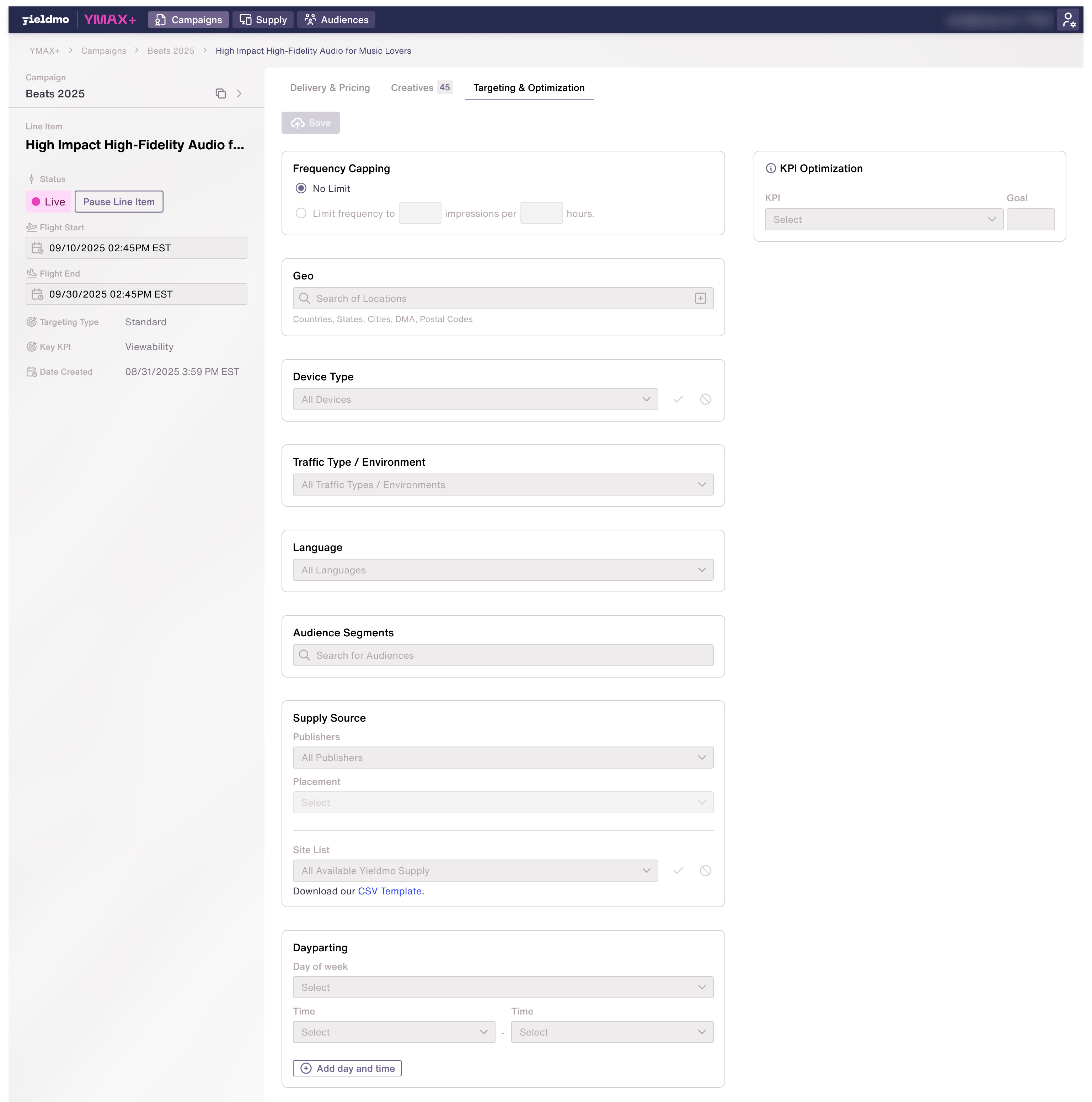 Redesigned targeting tab in default state