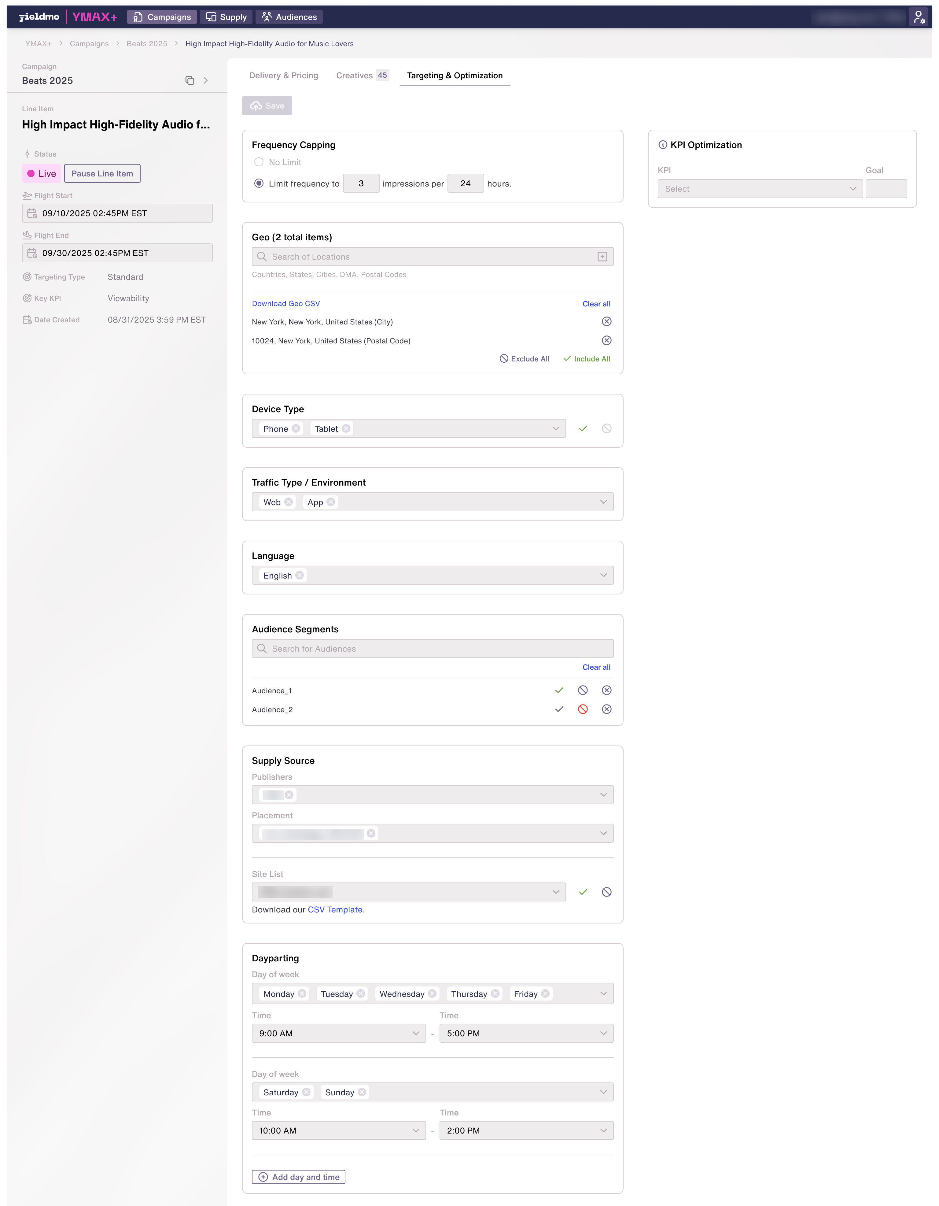 Redesigned targeting tab fully configured