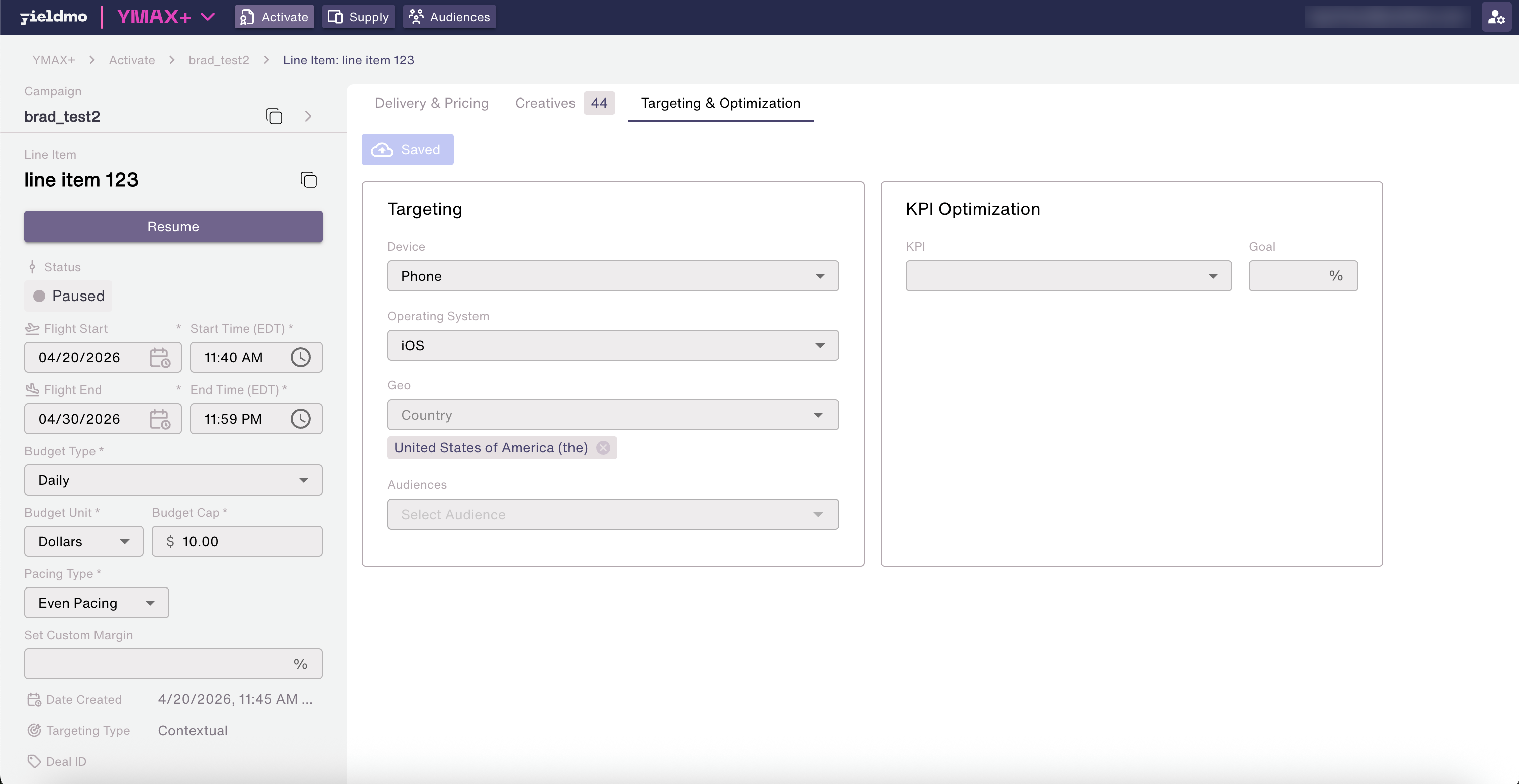 Current targeting tab in Ymax with four fields
