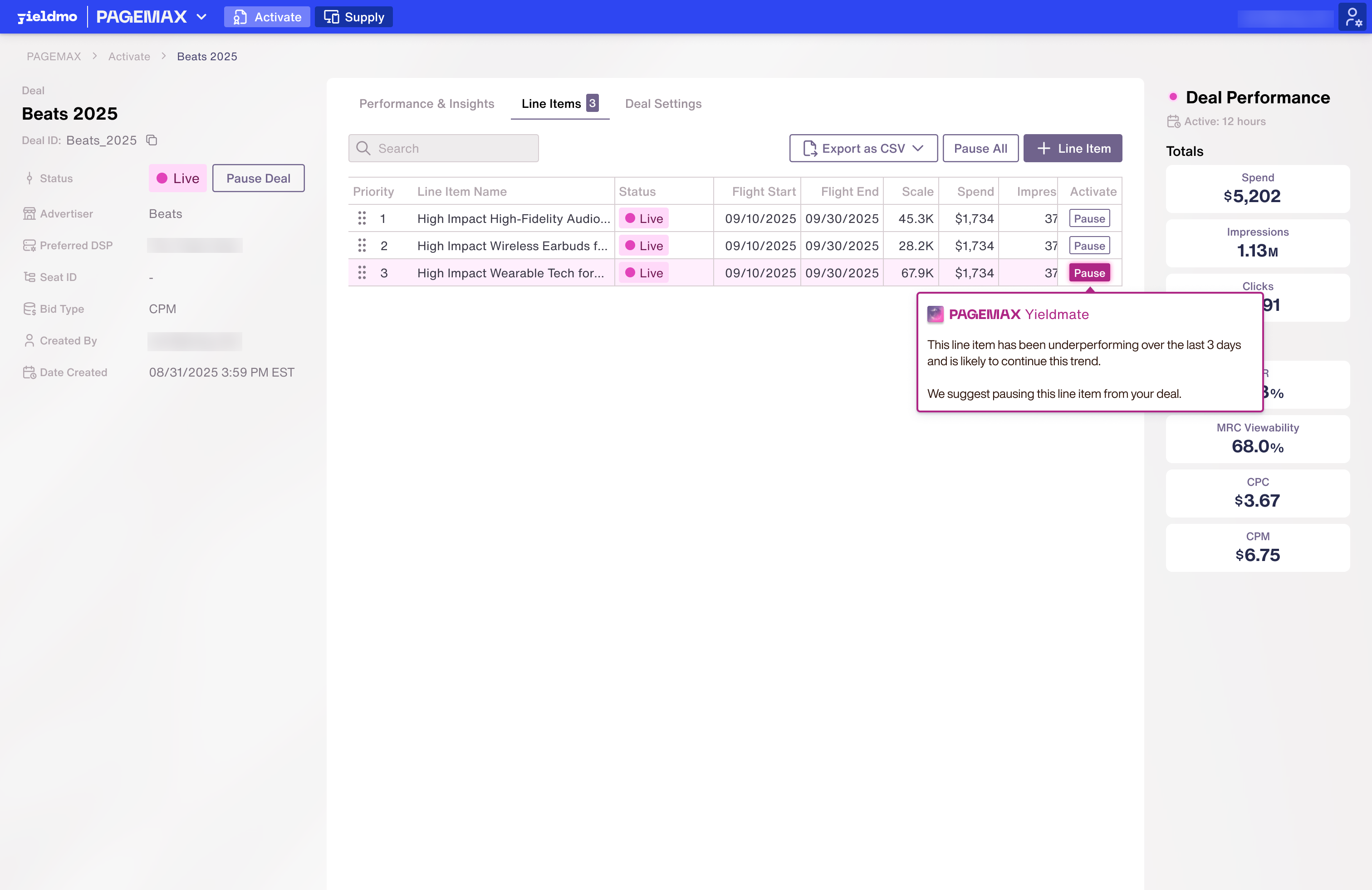 Line items table with a Yieldmate tooltip suggesting a pause on the underperforming line item